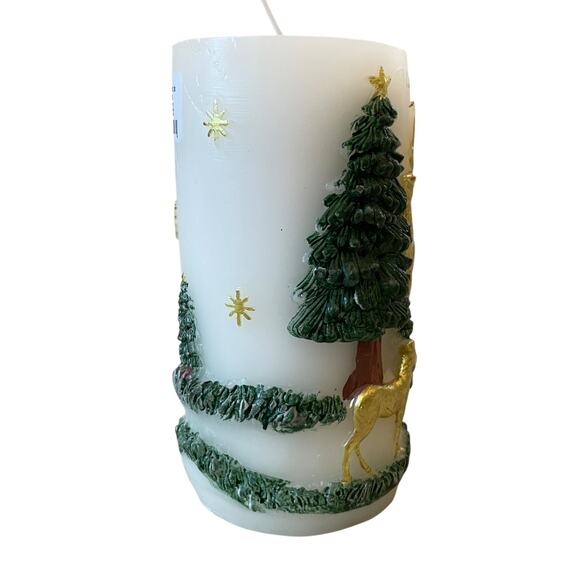 Christmas Pillar Candle Set of 2 Embossed Reindeer & Christmas Pine Trees 6" NEW - Picture 5 of 13